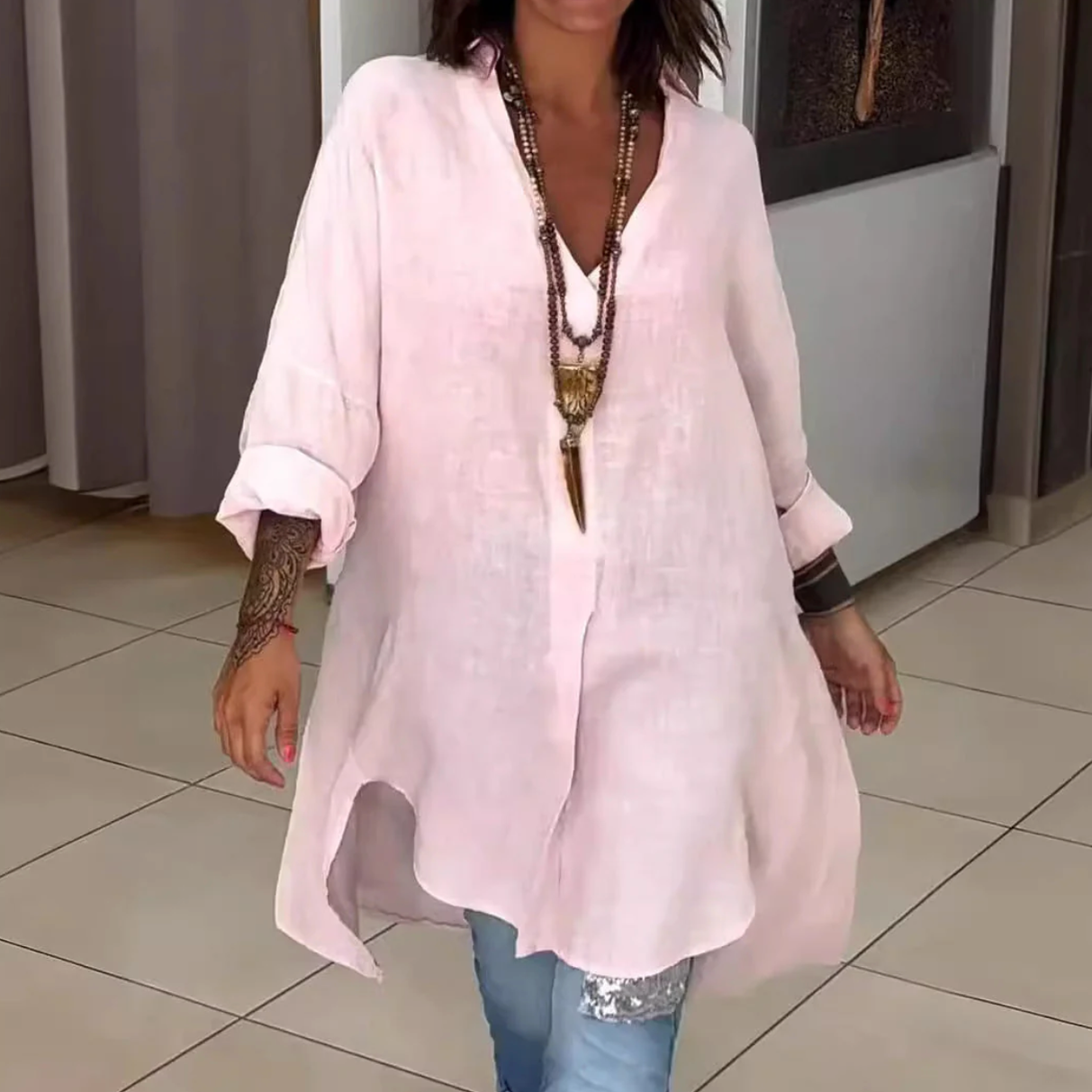 Camisa Casual de Verano - De Algodón y Lino con Cuello V