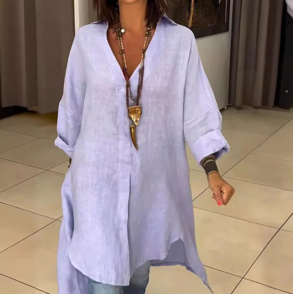 Camisa Casual de Verano - De Algodón y Lino con Cuello V