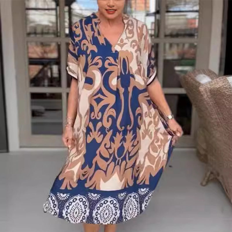 Vestido Midi con Estampado y Escote en V - Tejido Suave y Ligero