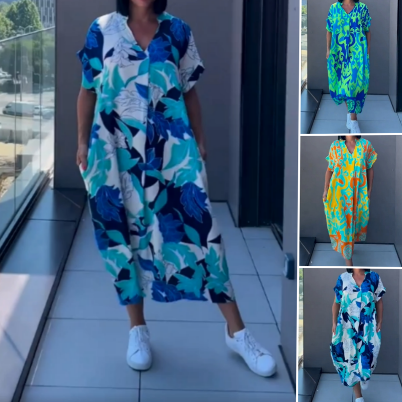 Vestido Midi con Estampado y Escote en V - Tejido Suave y Ligero