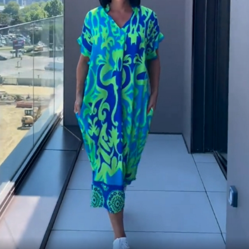 Vestido Midi con Estampado y Escote en V - Tejido Suave y Ligero