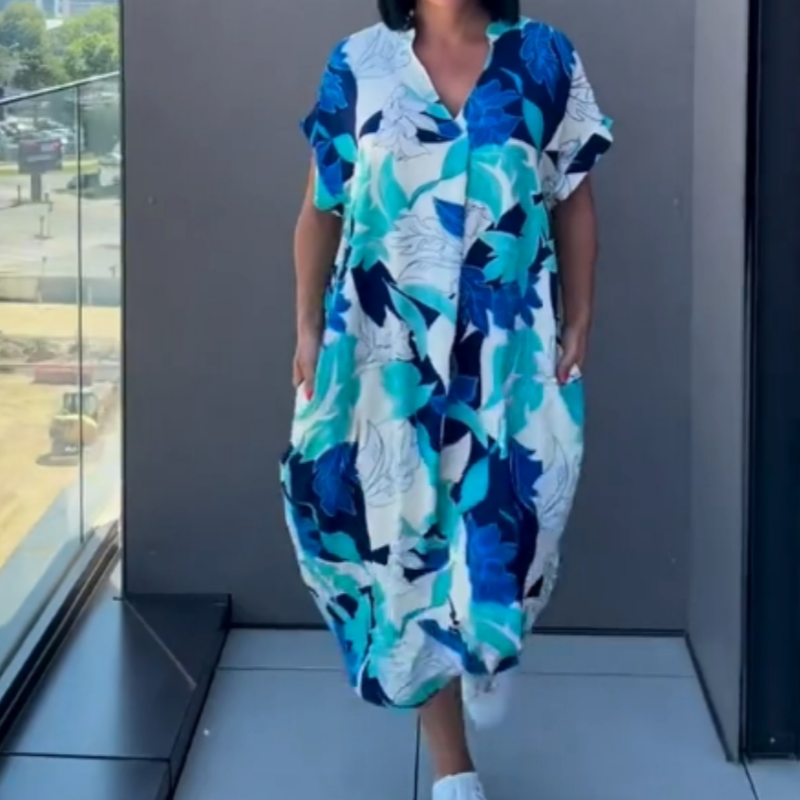 Vestido Midi con Estampado y Escote en V - Tejido Suave y Ligero