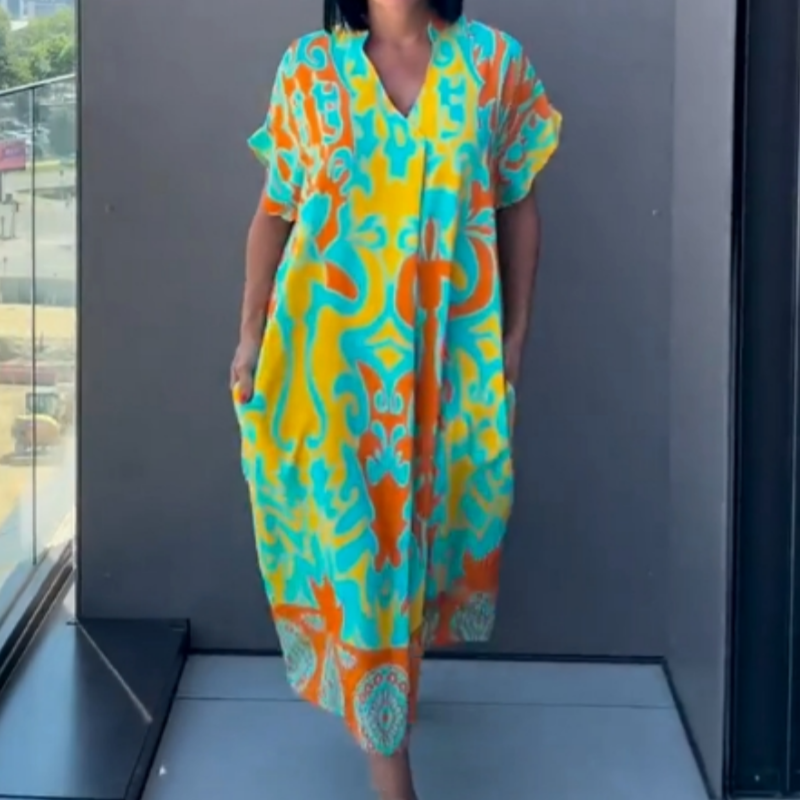 Vestido Midi con Estampado y Escote en V - Tejido Suave y Ligero